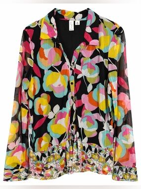 Joie Sheer Floral Mesh Blouse Size LG Boho Button Front Top